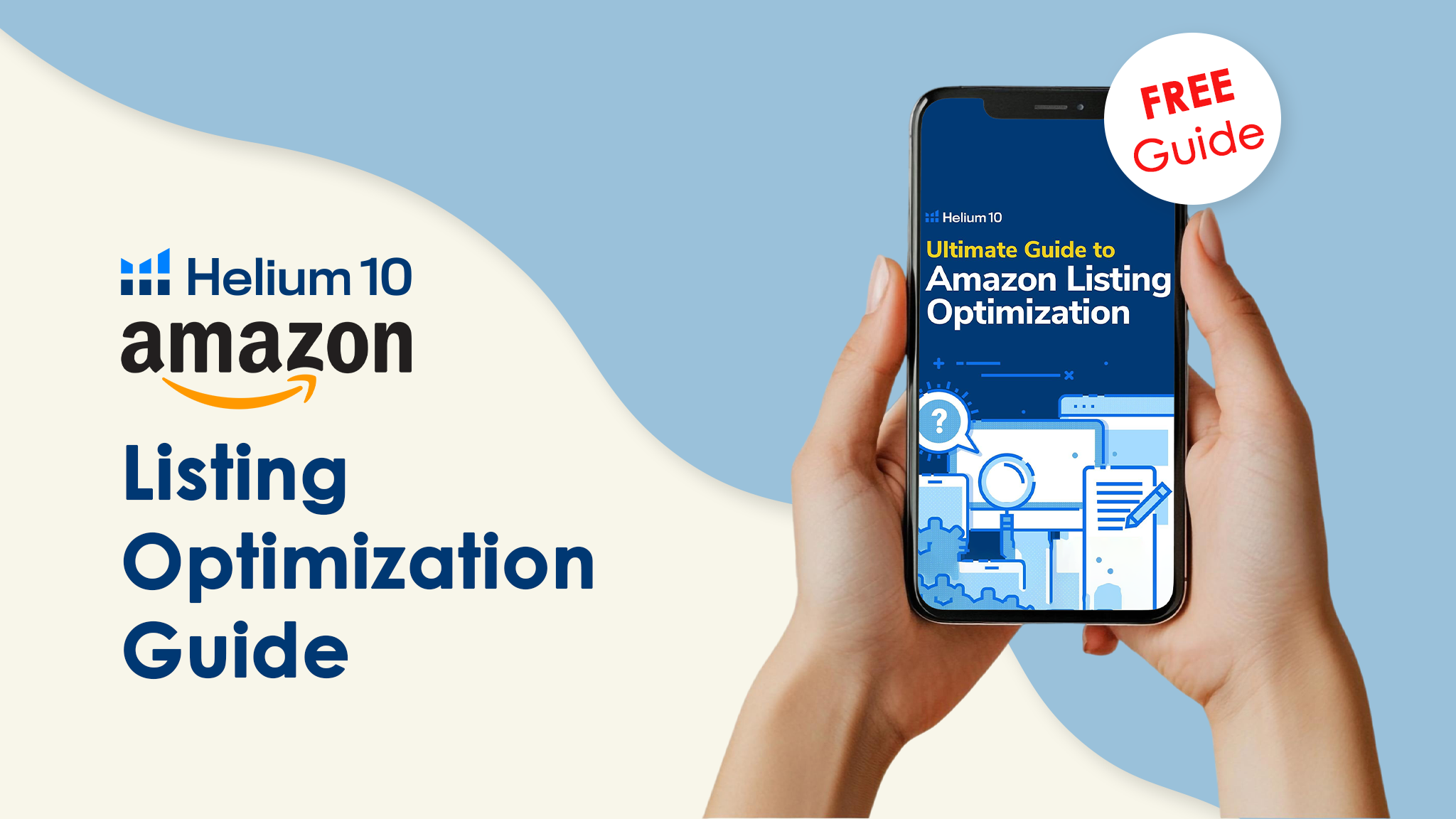 Helium 10 Listing Optimization Guide cover with tools like Scribbles, Cerebro, and Frankenstein for Amazon sellers